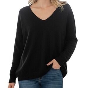 AQUA‎ Cashmere Black V Neck L/S Lattice Back Sweater EUC Size XS